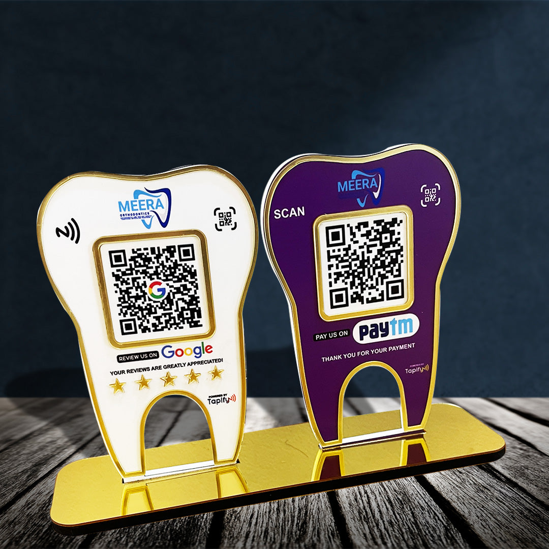 Tooth Shape - Smart NFC 2QR Table Top Standee - W&P Colour - Google, Paytm