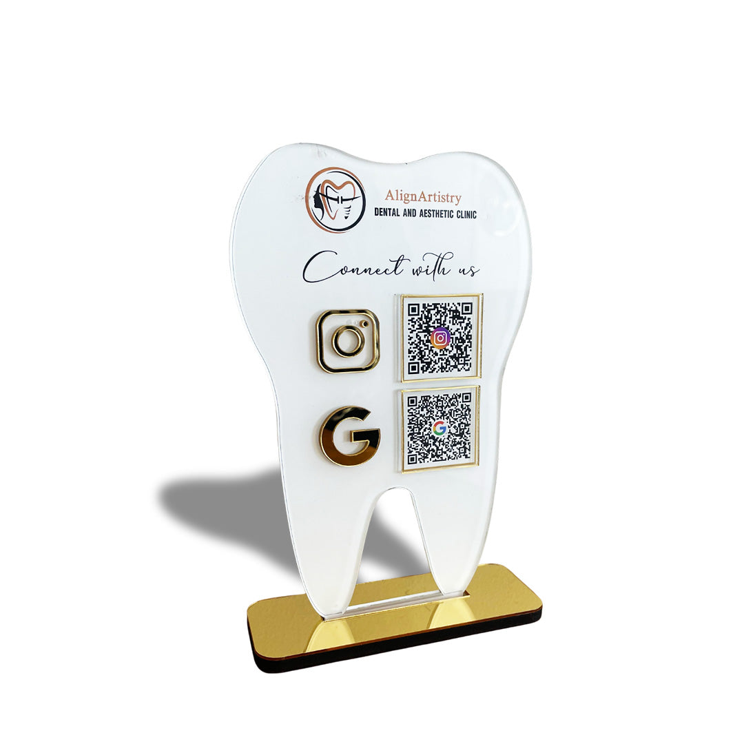 Tooth Shaped NFC 2 QR Smart NFC Table Top Standee | New Edition - For Dentists